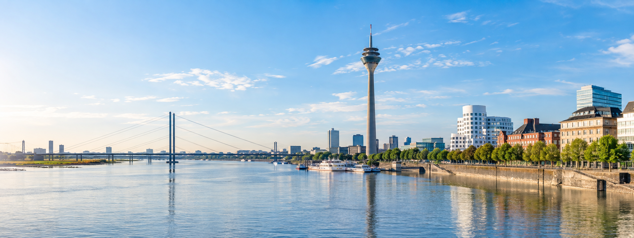 Uitzicht over de Rijn en de skyline van Düsseldorf